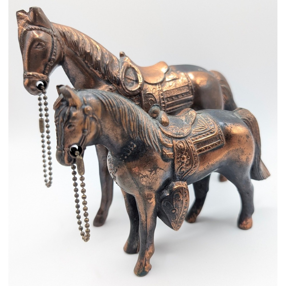 Vintage Copper Metal Horse Figurine Set Western Saddle Mare and Foal Statues